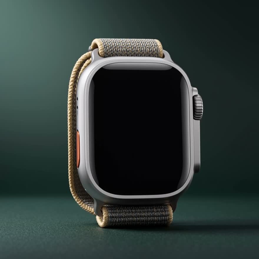A smartwatch with a woven band, showing a blood glucose alert.